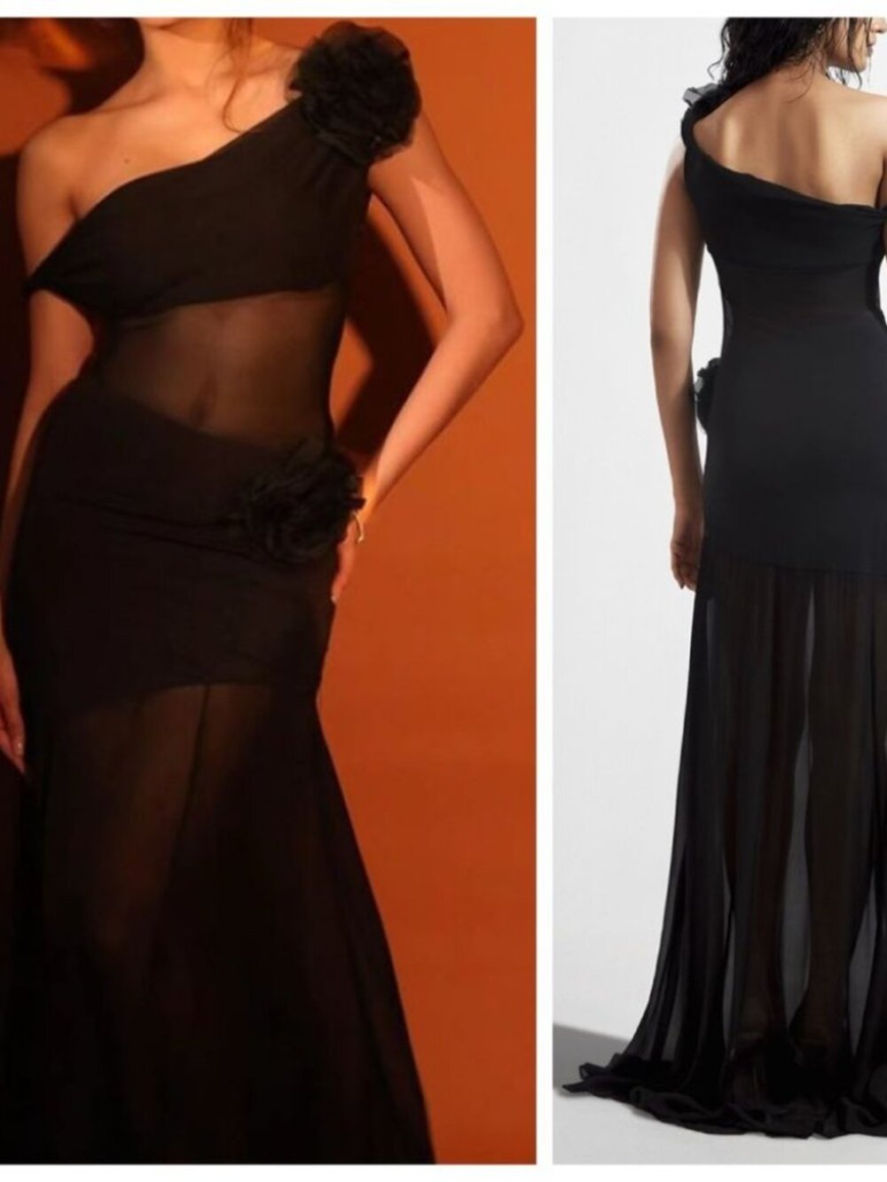 NWT Deme by Gabriella Gown Maxi Dress Black Abby One Shoulder Rosette Sheer XL